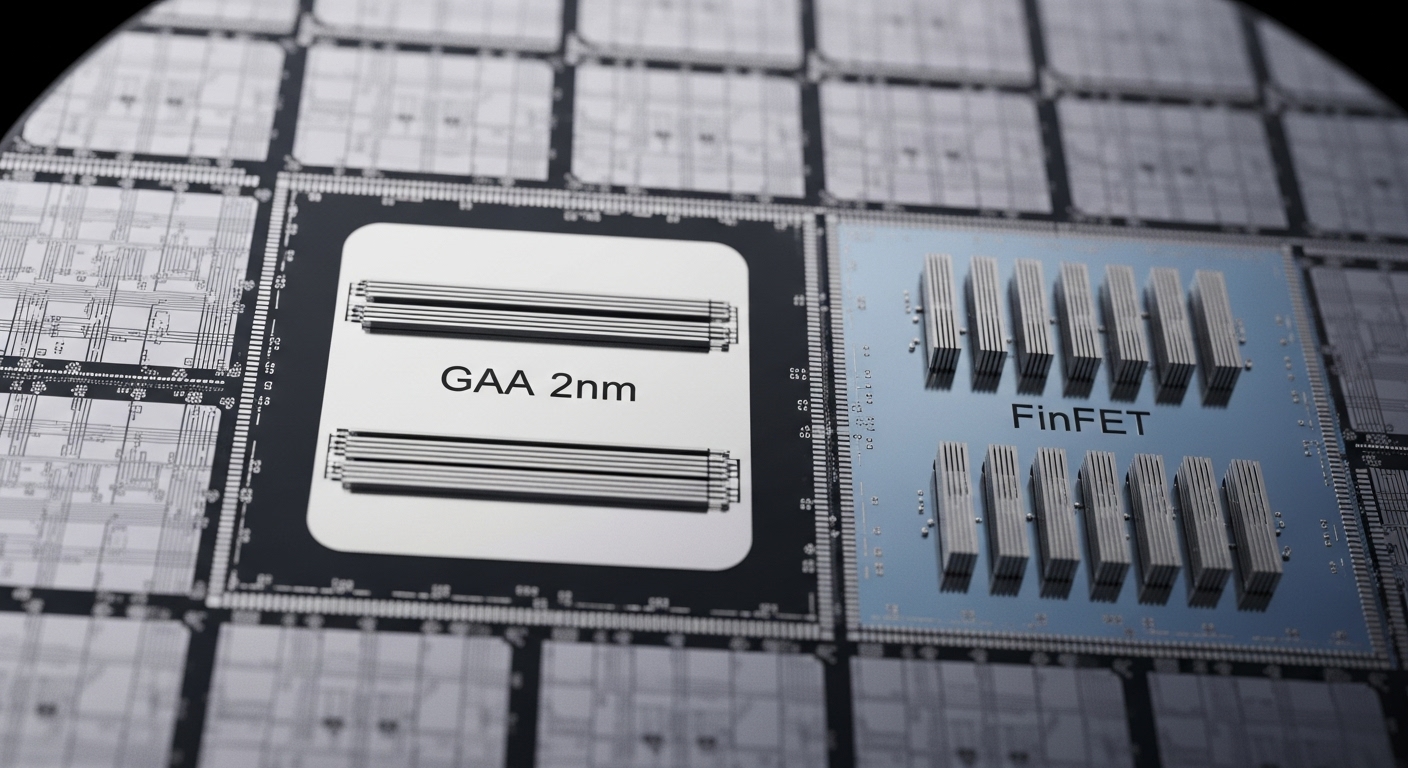 2nm 공정의 GAA 나노시트 트랜지스터 구조와 기존 FinFET 비교를 보여주는 고해상도 반도체 웨이퍼 클로즈업 이미지