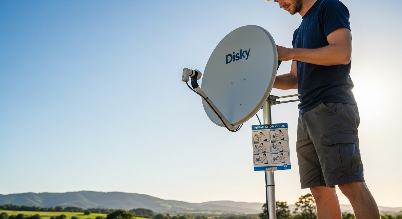 사용자가 하늘이 잘 보이는 야외에서 스타링크 위성 안테나 디스키를 설치하는 모습