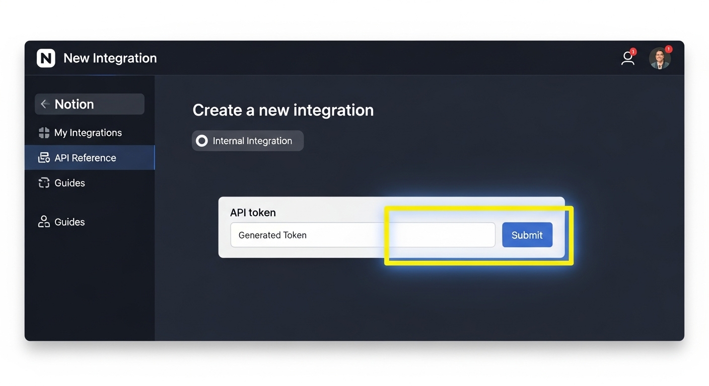 노션 개발자 포털에서 API 키를 발급받는 절차를 보여주는 단계별 인터페이스 화면