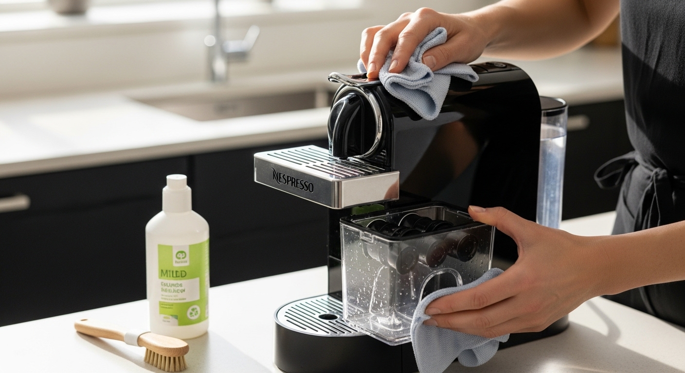 네스프레소 머신 청소를 위해 드립 트레이와 캡슐 컨테이너를 부드러운 천과 중성세제로 닦는 모습