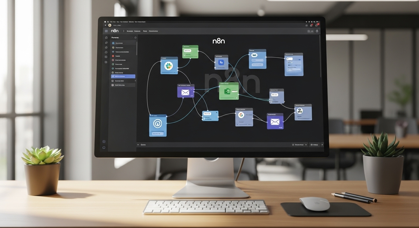 n8n 자동화 툴의 비주얼 워크플로우 에디터와 다양한 애플리케이션 아이콘이 보이는 디지털 작업 공간