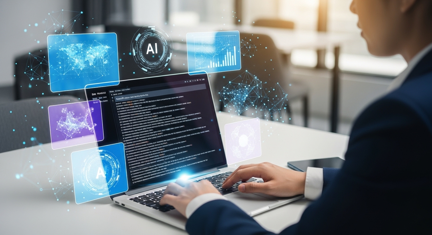 AI 프롬프트 최적화 전략을 설명하는 전문가가 노트북에 상세한 프롬프트를 입력하는 모습