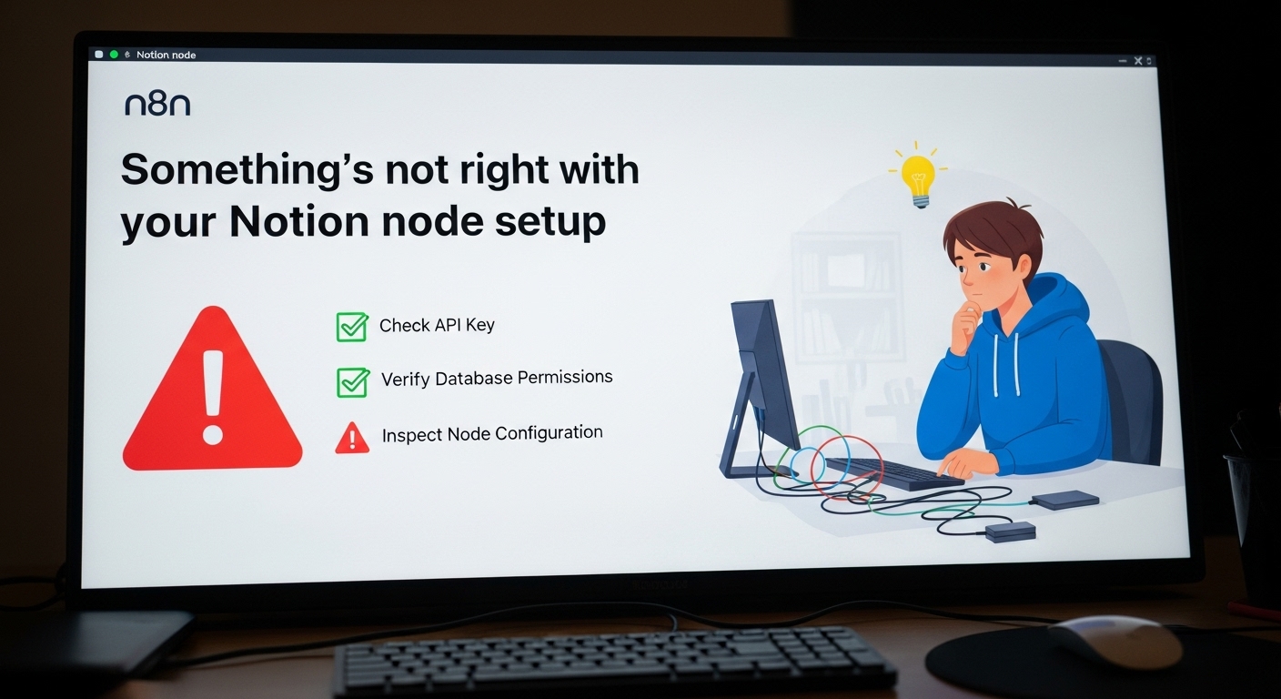 n8n Notion 노드의 Something’s not right 오류 메시지와 문제 해결 과정을 나타내는 이미지