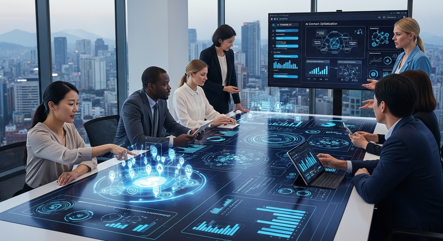 2026년을 대비한 AI 기반 콘텐츠 전략 회의에서 다양한 인종의 참여자들이 토론하는 모습