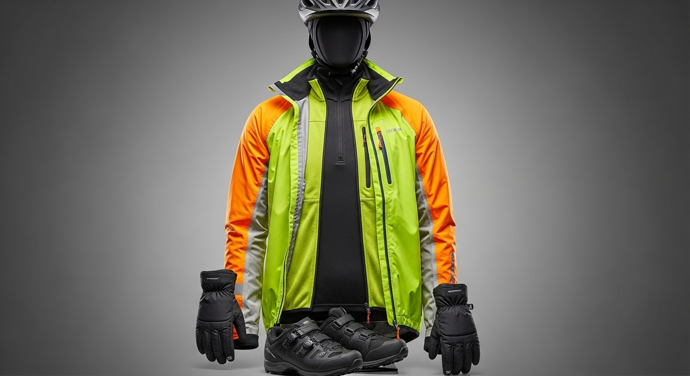 겨울철 사이클을 위한 3겹 레이어링 복장과 안전 장비 구비 모습