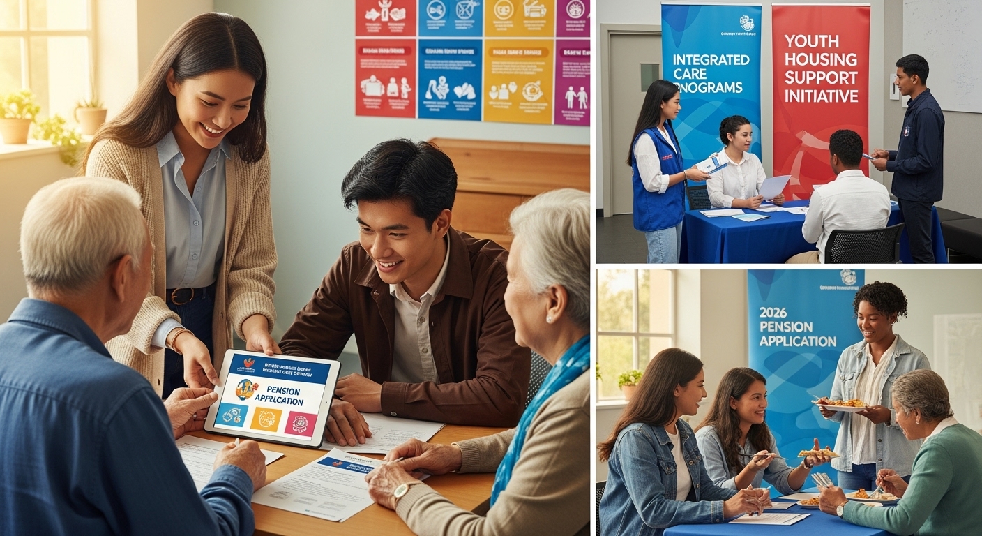 2026년 청년 자산형성과 어르신 복지정책의 통합돌봄 및 지원 확대를 나타내는 지역사회 활기찬 모습