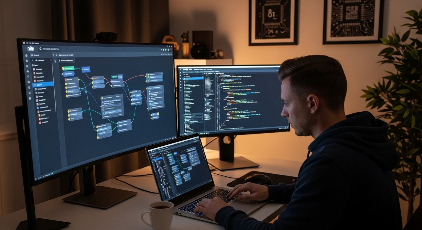 n8n의 강력한 AI 통합과 맞춤 코딩 기능을 나타내는 소프트웨어 개발자가 코딩하는 모습