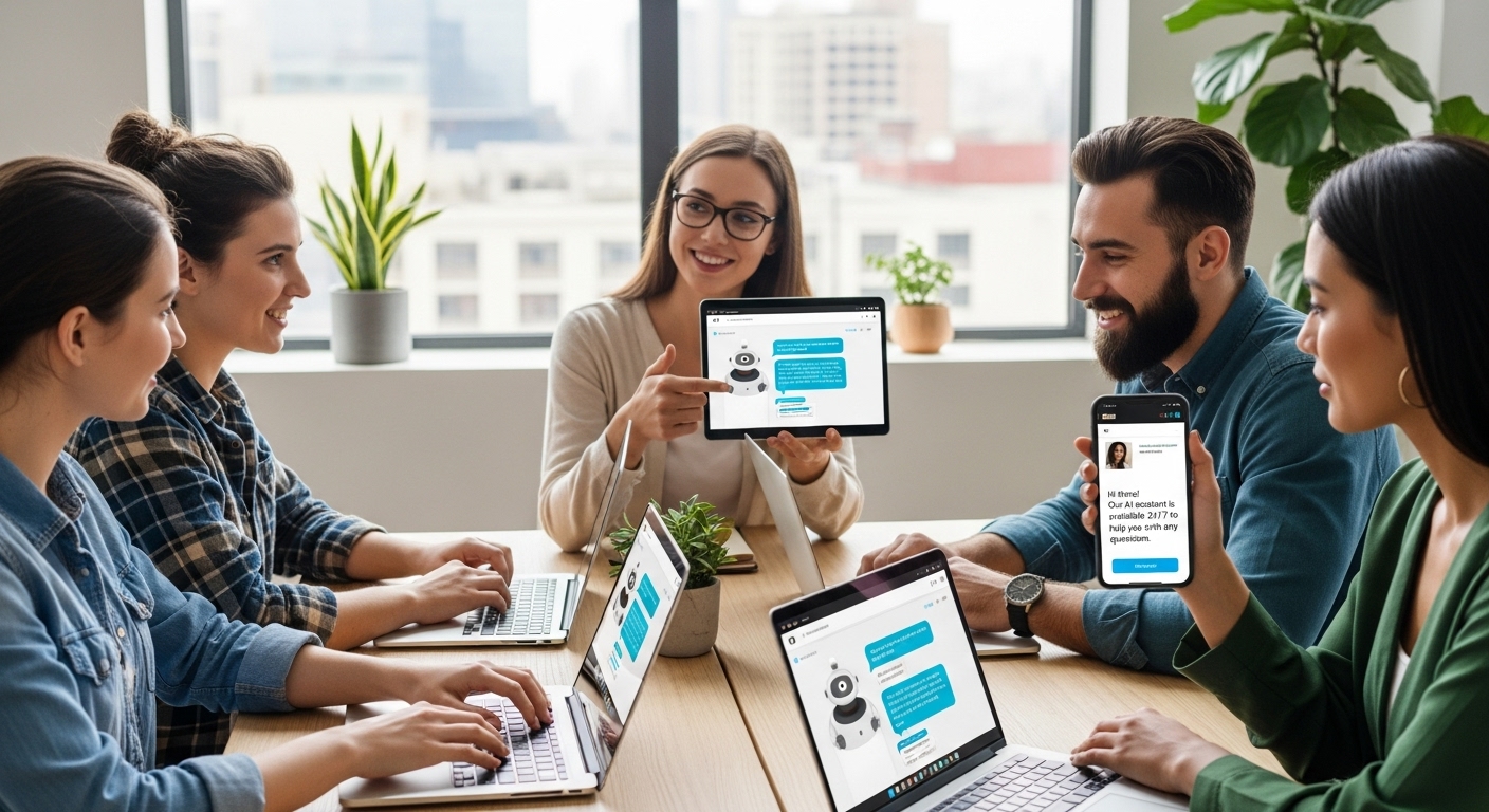 스타트업 팀이 AI 챗봇을 활용하여 고객 응대 자동화를 진행하는 모습