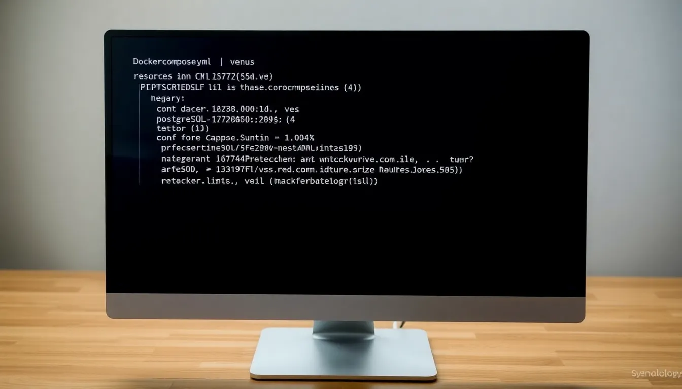 docker-compose.yml 파일과 리소스 제한 설정, PostgreSQL 연동을 보여주는 컴퓨터 화면