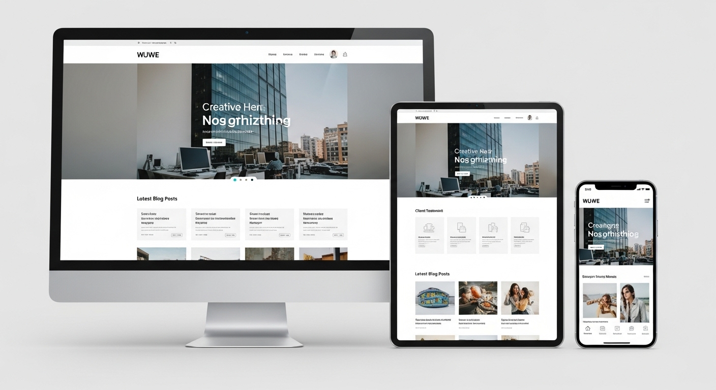 워드프레스 웹사이트가 데스크톱, 태블릿, 스마트폰에 동시에 표시되어 빠른 로딩과 깔끔한 디자인을 보여주는 이미지