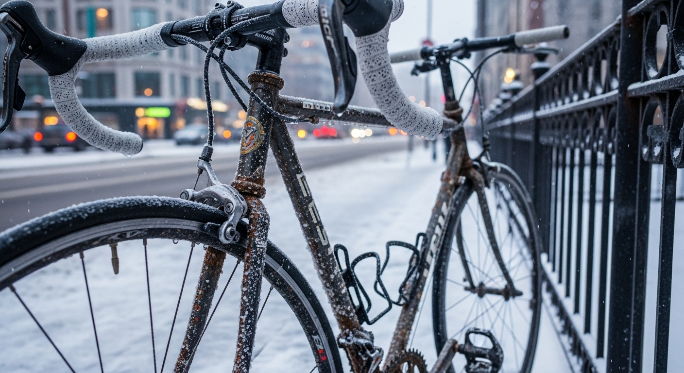 겨울철 도로에 서 있는 얼음과 염화칼슘으로 부식 위협을 받고 있는 로드 자전거