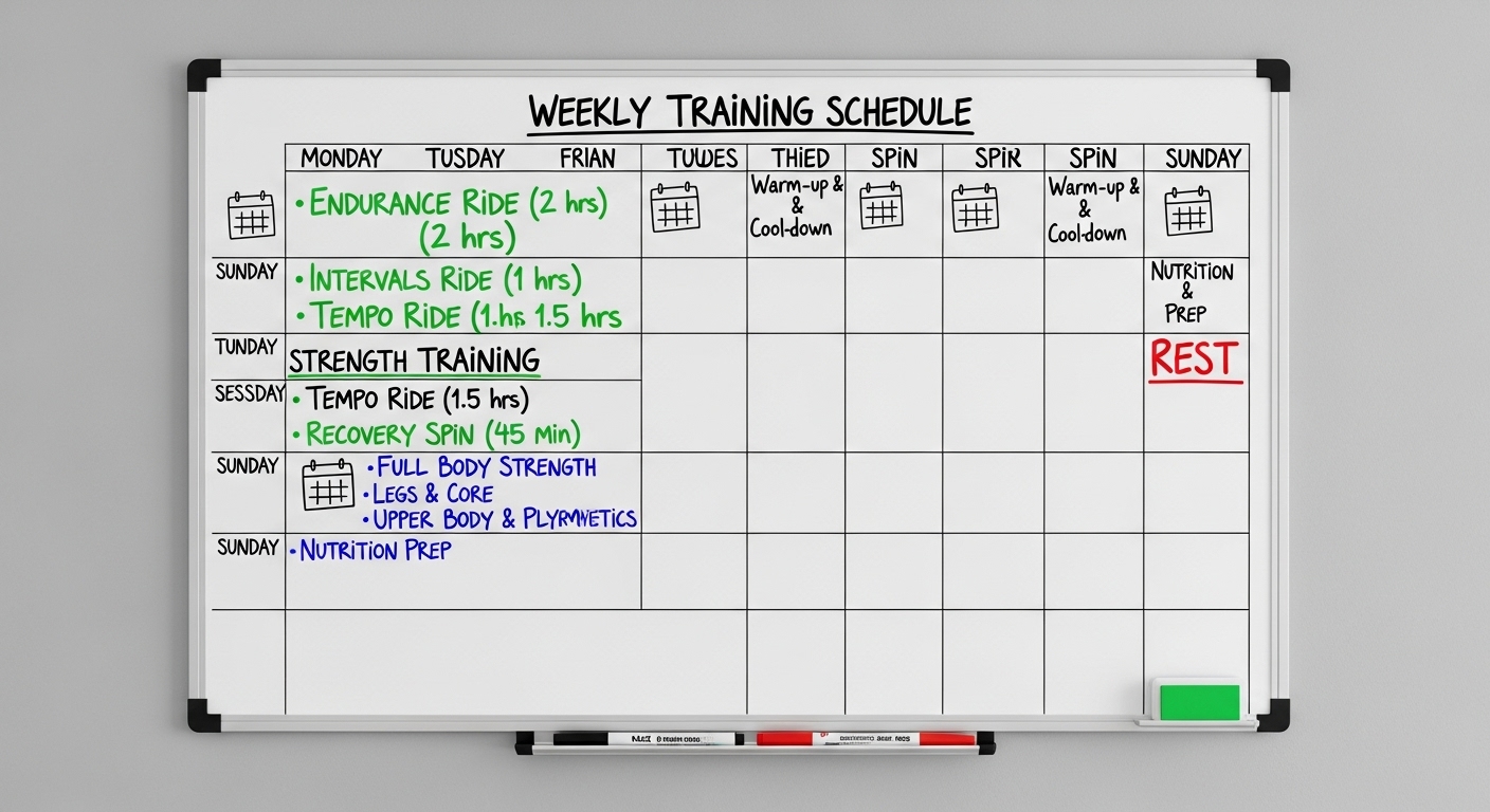 자전거 근력 운동과 라이딩 일정이 표시된 주간 훈련 계획 표