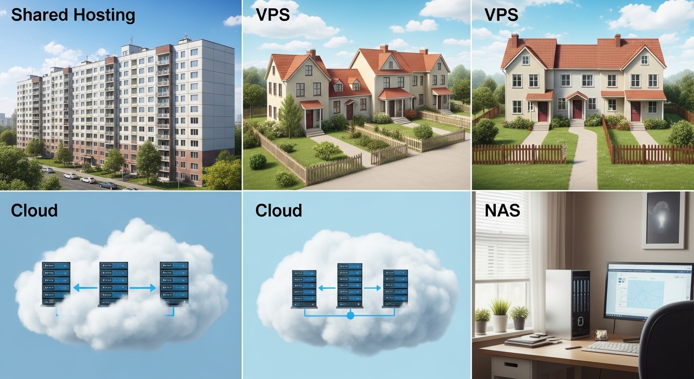 웹 호스팅 유형을 다양한 주택 형태로 시각화한 이미지