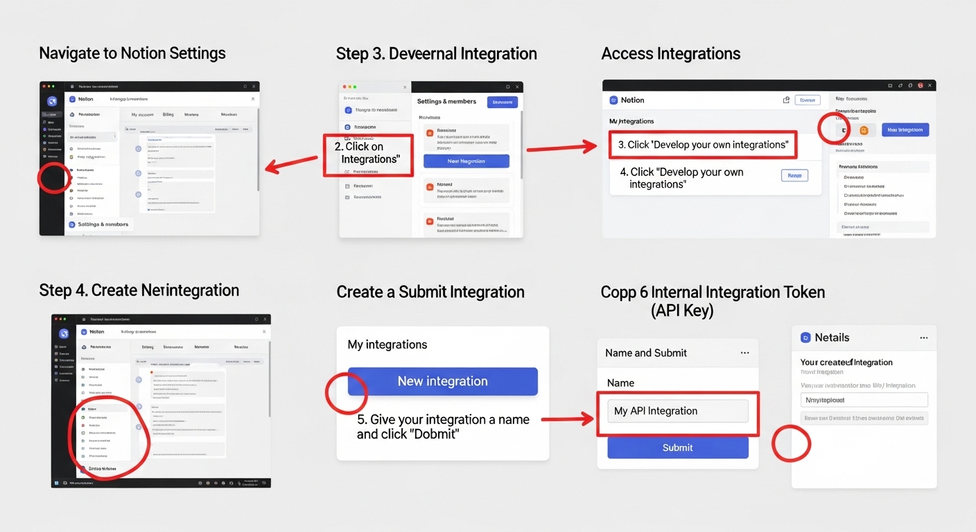Notion API 키 발급 및 권한 설정 단계를 보여주는 인포그래픽 스타일 이미지