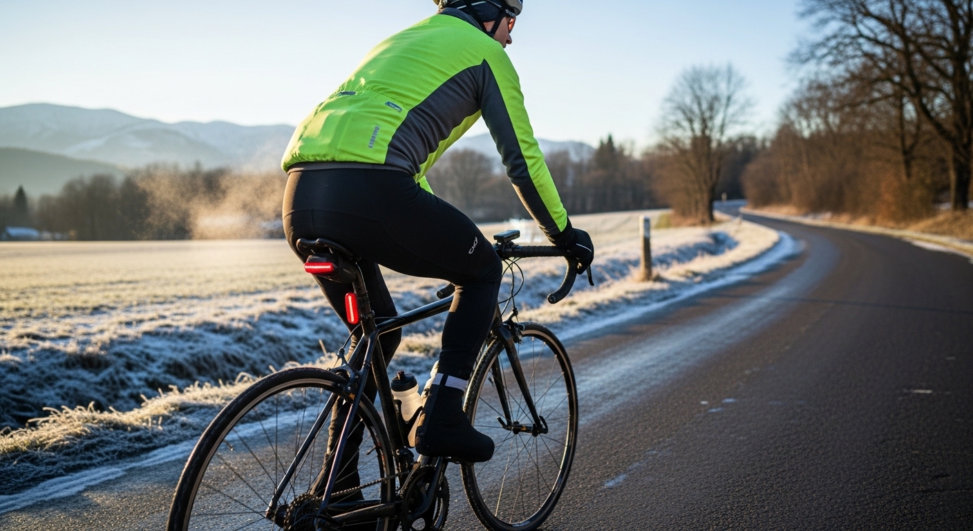겨울철 안전한 복장과 조명 장비를 착용하고 야외에서 자전거를 타는 모습