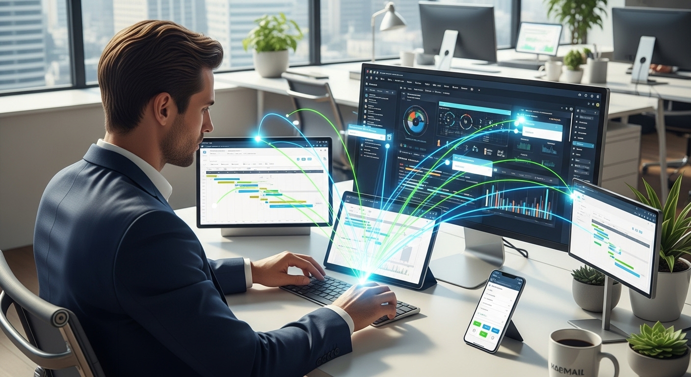 비즈니스 전문가가 최신 자동화 기술을 활용해 여러 디바이스와 앱을 연결하는 모습