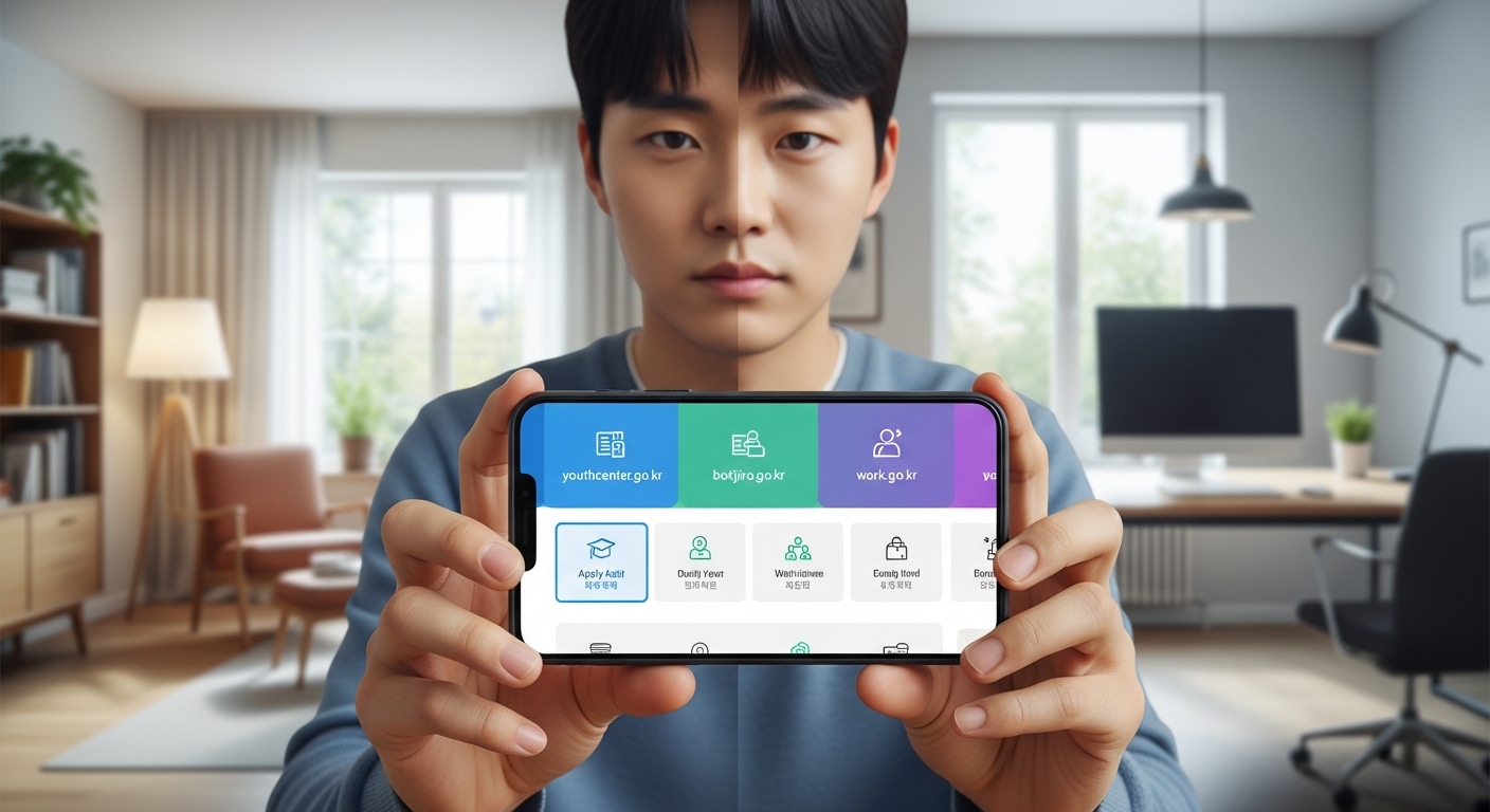 온라인 청년 정책 신청 플랫폼을 사용하는 청년의 모습과 현대적인 주거 및 사무 환경 배경