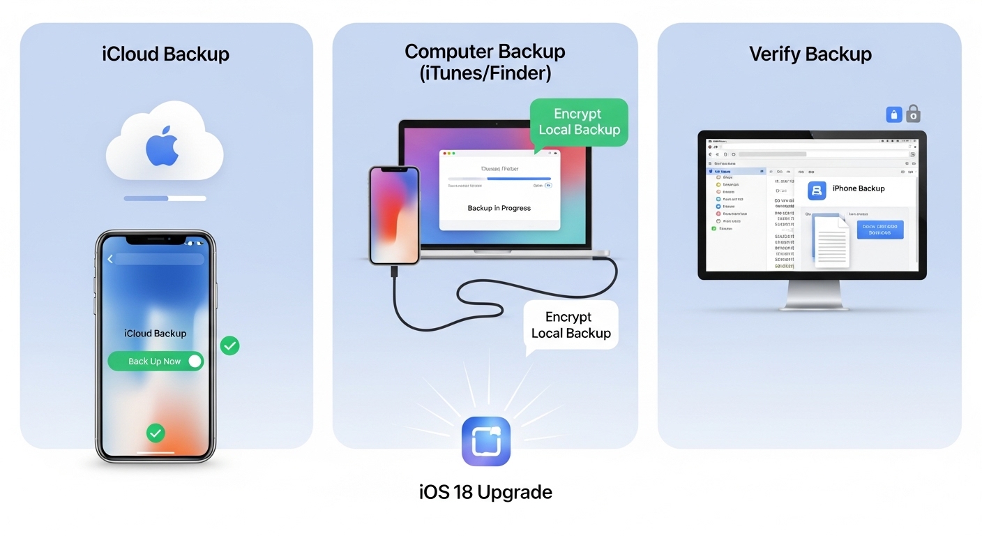 iOS 18 업데이트 전 필수인 i클라우드 및 컴퓨터 백업 과정 시각화 이미지