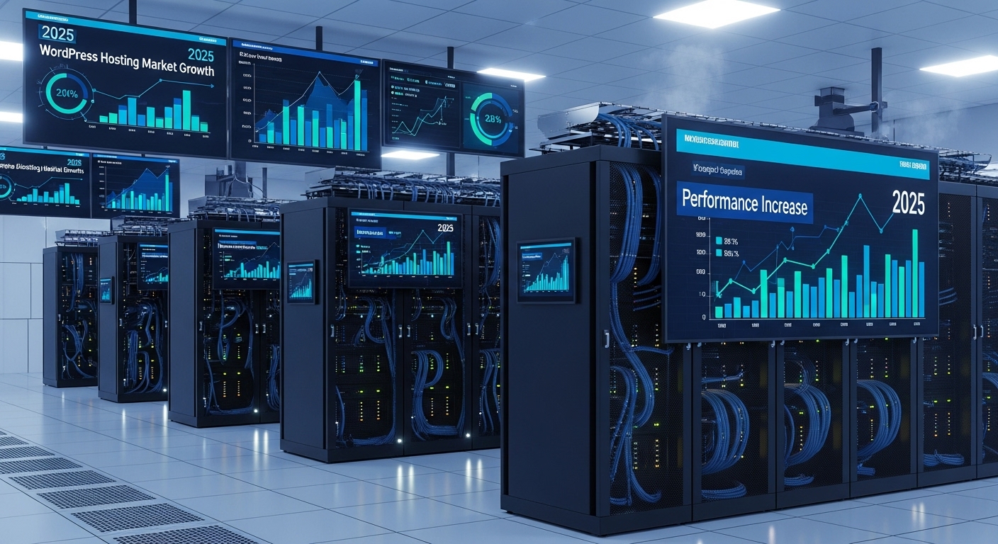 2025년 워드프레스 호스팅 시장 성장과 중요성을 나타내는 고화질 서버실과 디지털 그래프 이미지