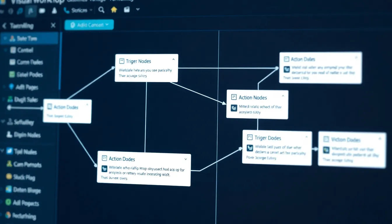 n8n의 핵심 구성 요소인 트리거 노드, 액션 노드, 데이터 처리 노드를 보여주는 인터페이스 이미지