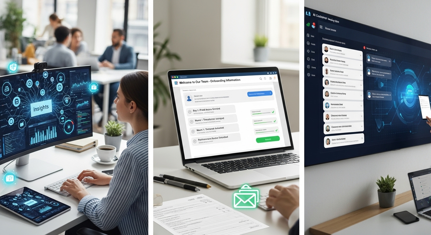 마케터, 인사팀, 영업팀의 실제 업무 자동화 적용 사례를 보여주는 다중 장면 이미지
