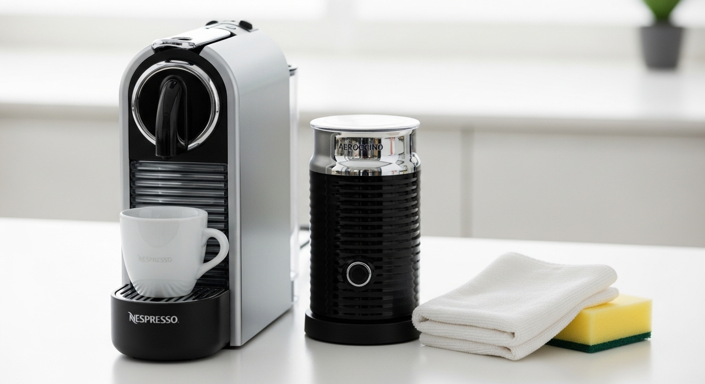네스프레소 시티즈 머신과 우유 거품기 에어로치노 청소용품을 함께 보여주는 이미지