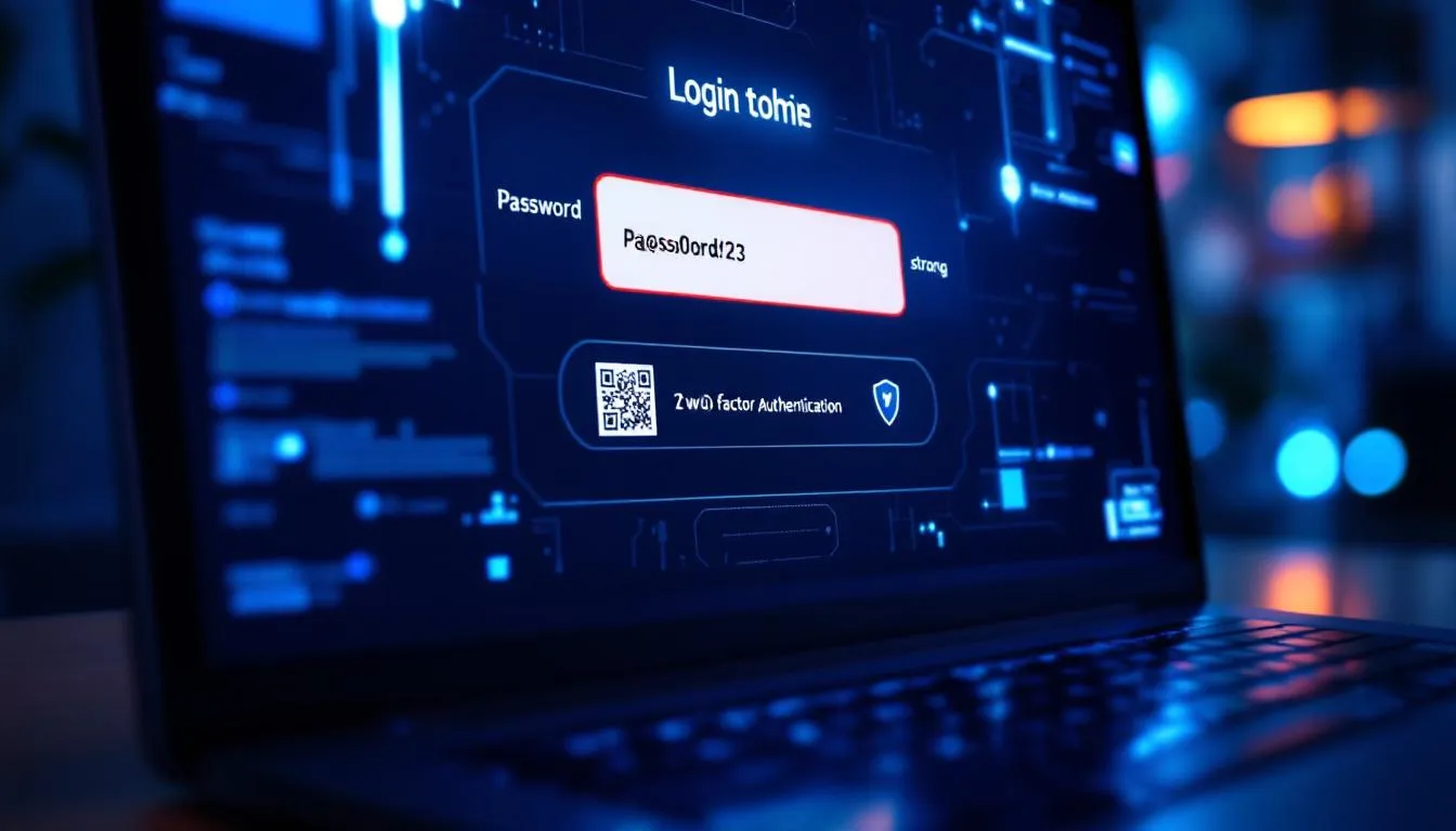 강력한 비밀번호와 2단계 인증, 방화벽 보호를 상징하는 안전한 로그인 인터페이스 화면