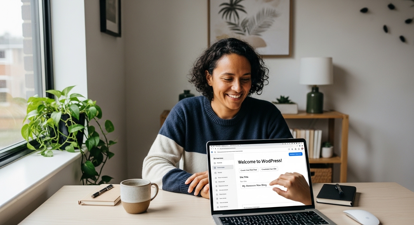 사람이 노트북으로 워드프레스 대시보드를 설정하는 모습