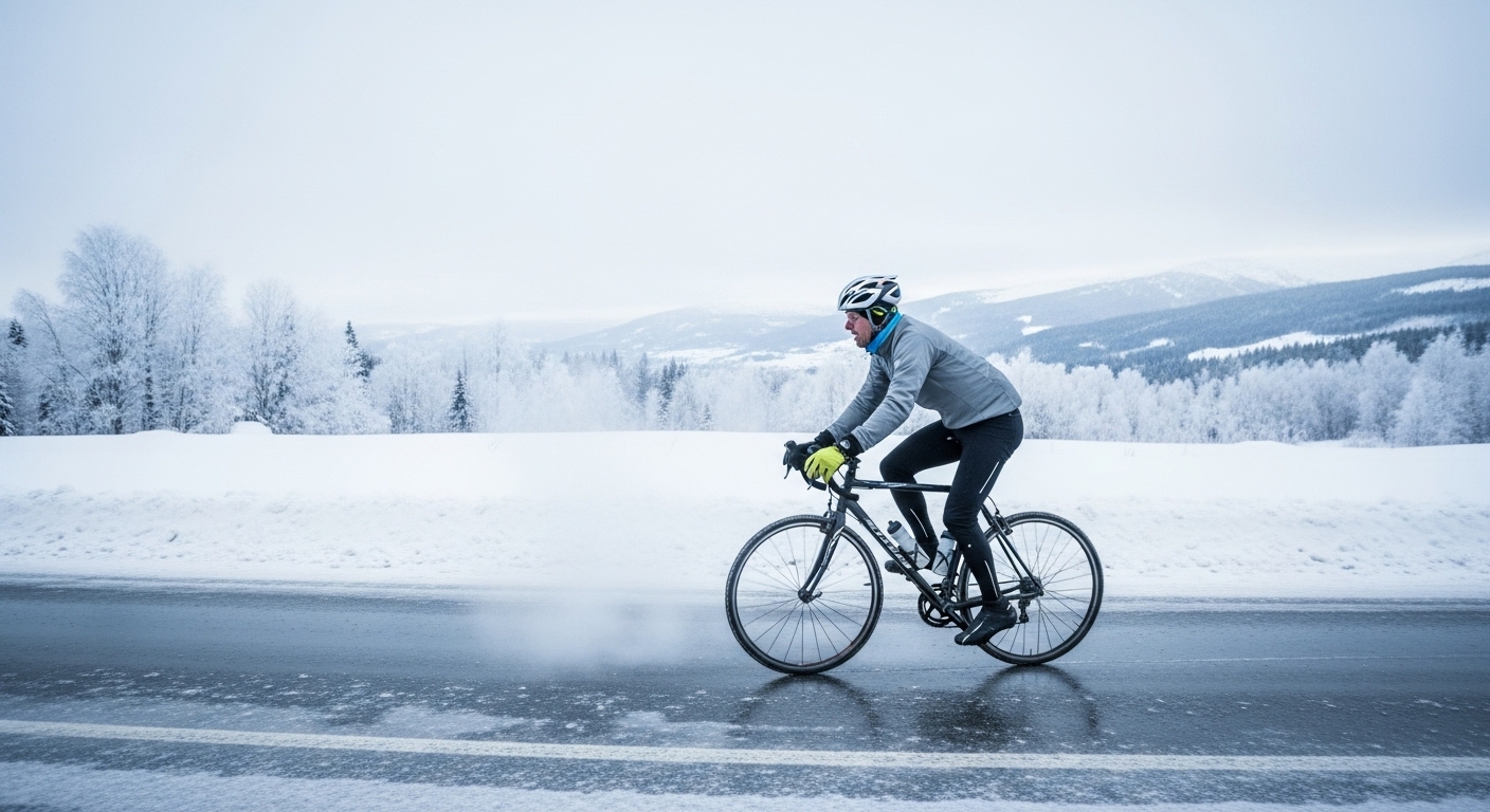 겨울 자전거 도로에서 헬멧과 방한복을 입고 안전하게 라이딩하는 라이더의 모습