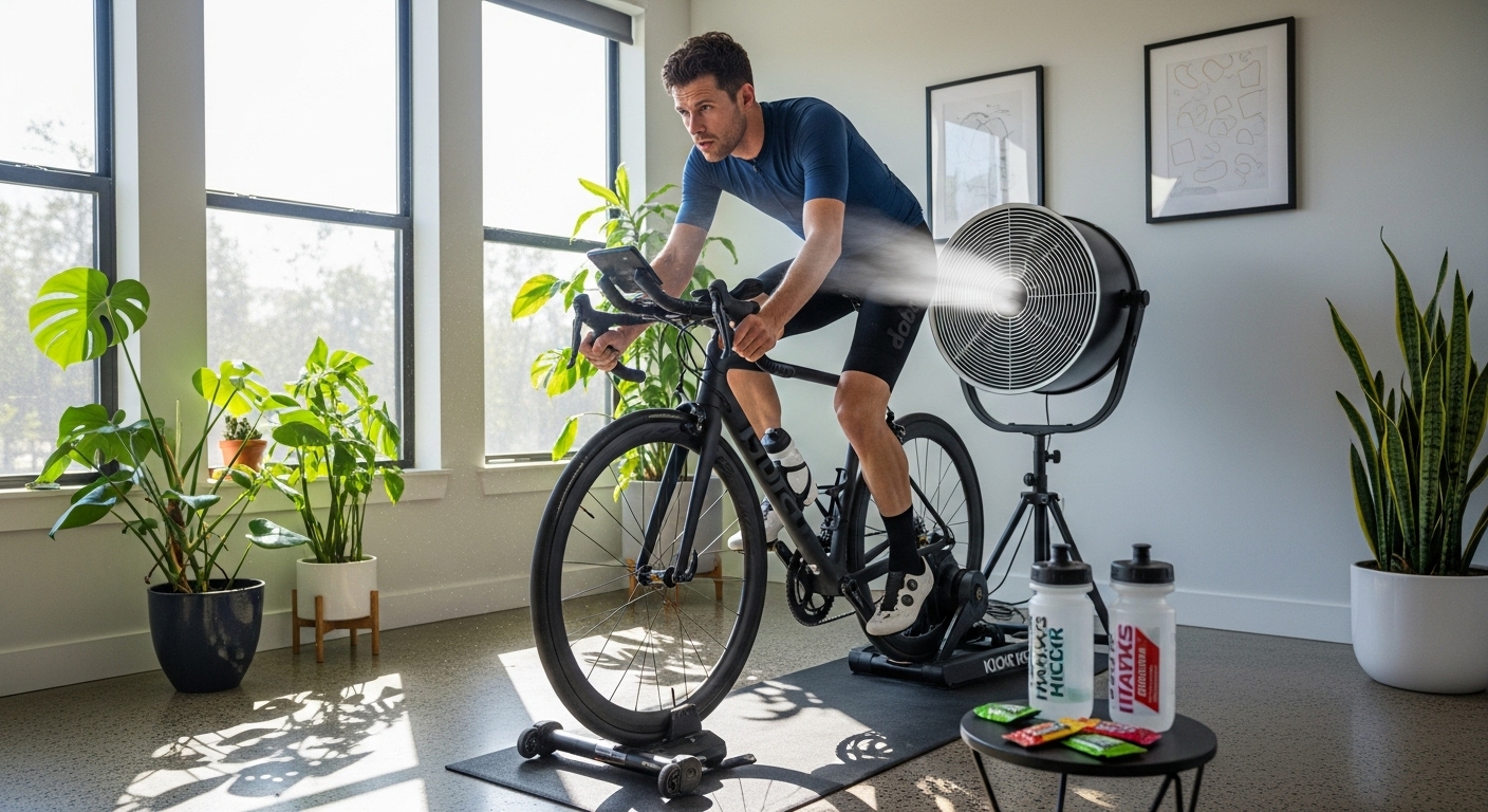 스마트 트레이너에서 실내 자전거 훈련 중인 사이클리스트와 쾌적한 훈련 환경