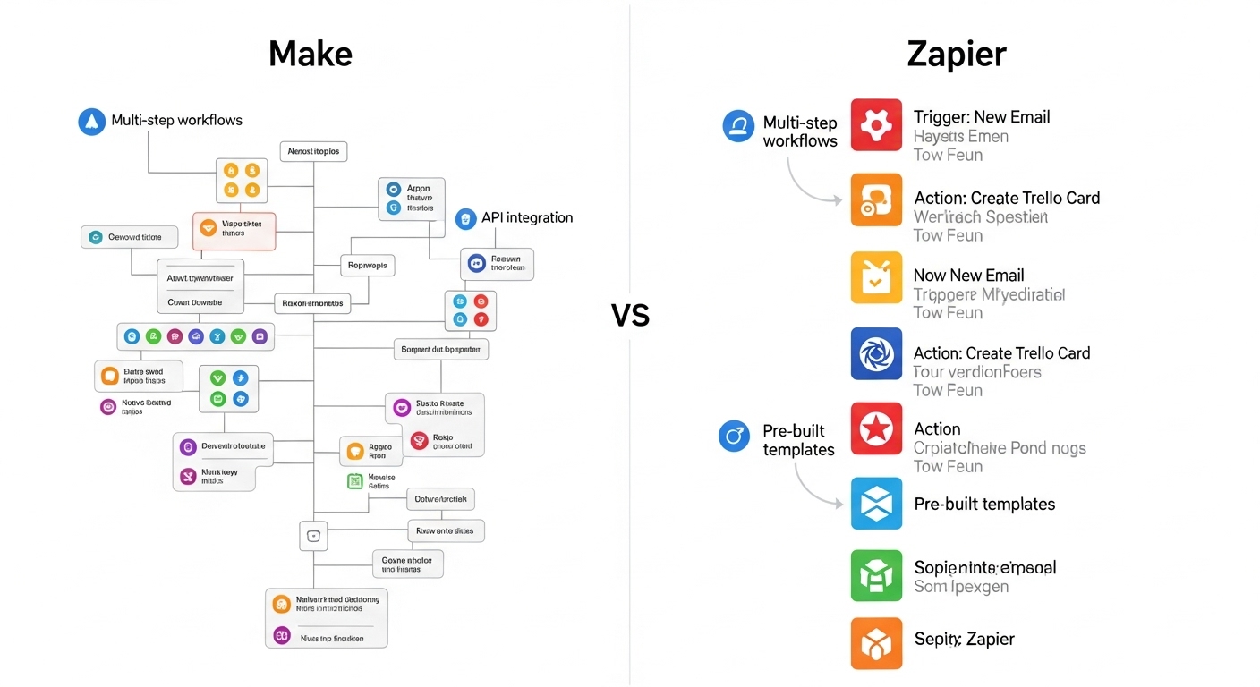 Make와 Zapier 노코드 자동화 툴을 비교 설명하는 인포그래픽