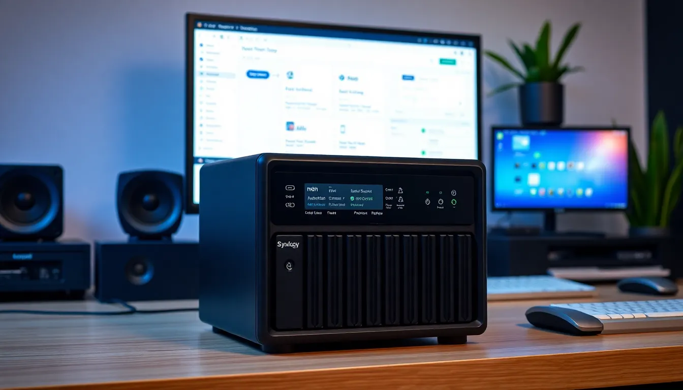 시놀로지 NAS 장치와 n8n 자동화 워크플로우 화면을 보여주는 실사 이미지