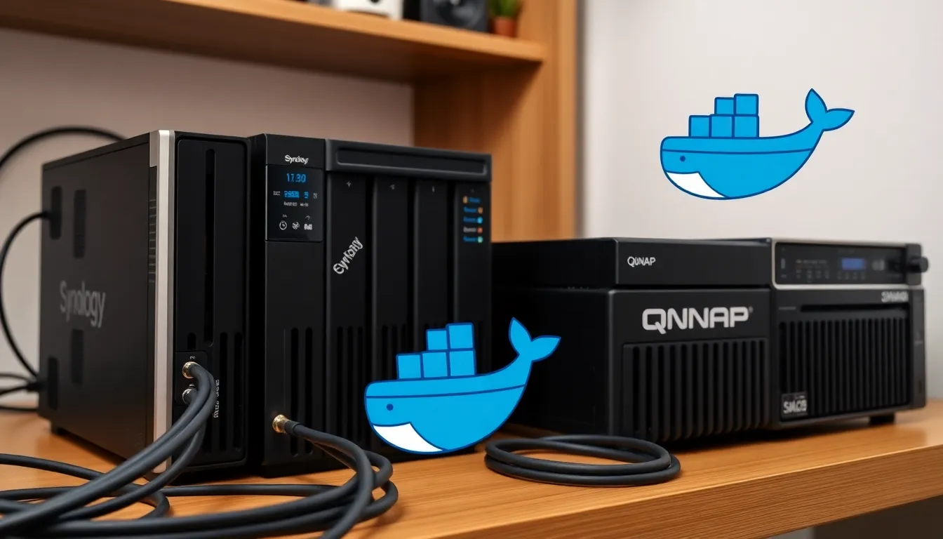 Synology와 QNAP NAS 장비가 보이는 최신 홈 서버 환경과 Docker 로고가 강조된 사진