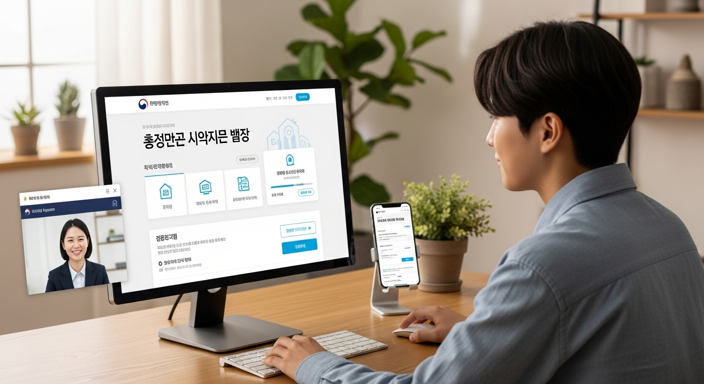 온라인으로 한국 주거 지원 신청 사이트를 이용하는 청년의 모습