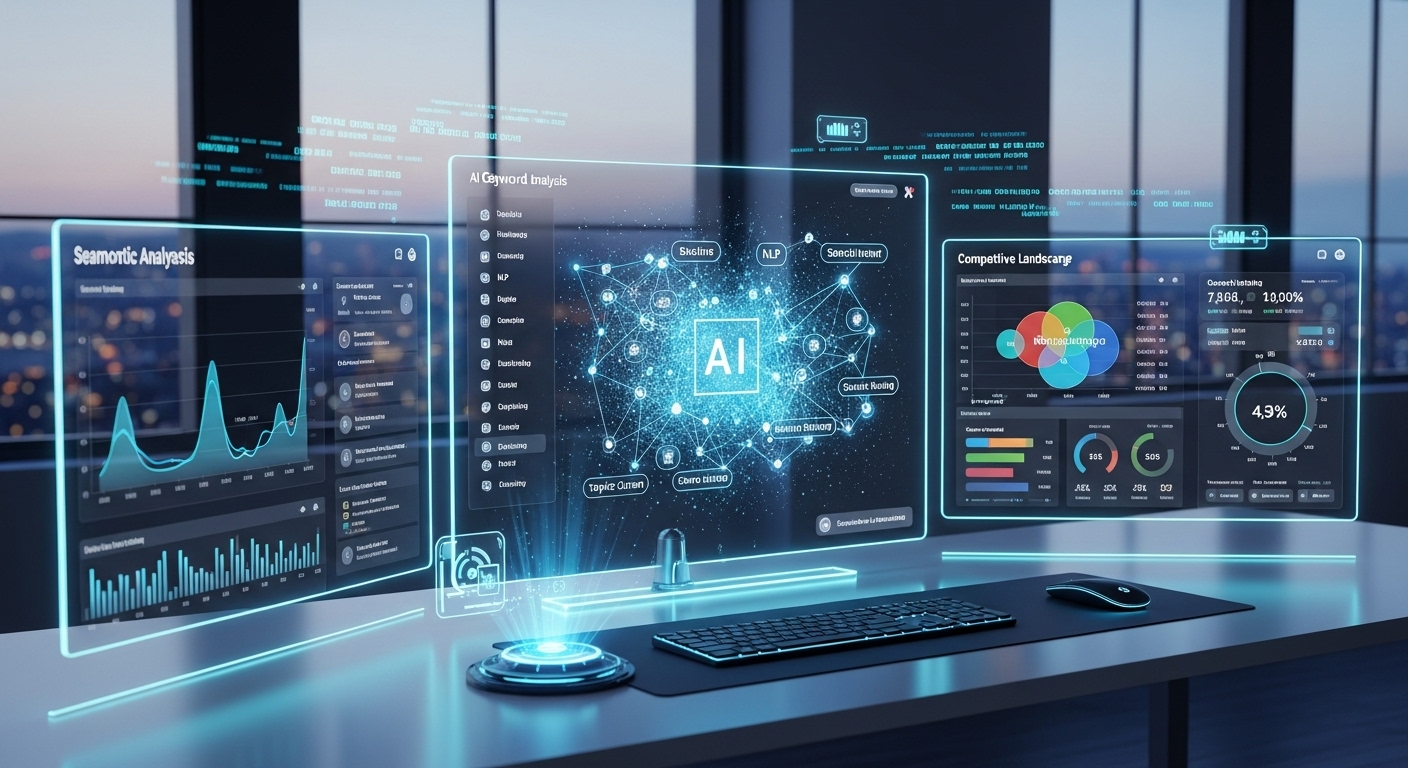 AI 키워드 연구 도구의 미래적이고 첨단적인 인터페이스 화면 모습