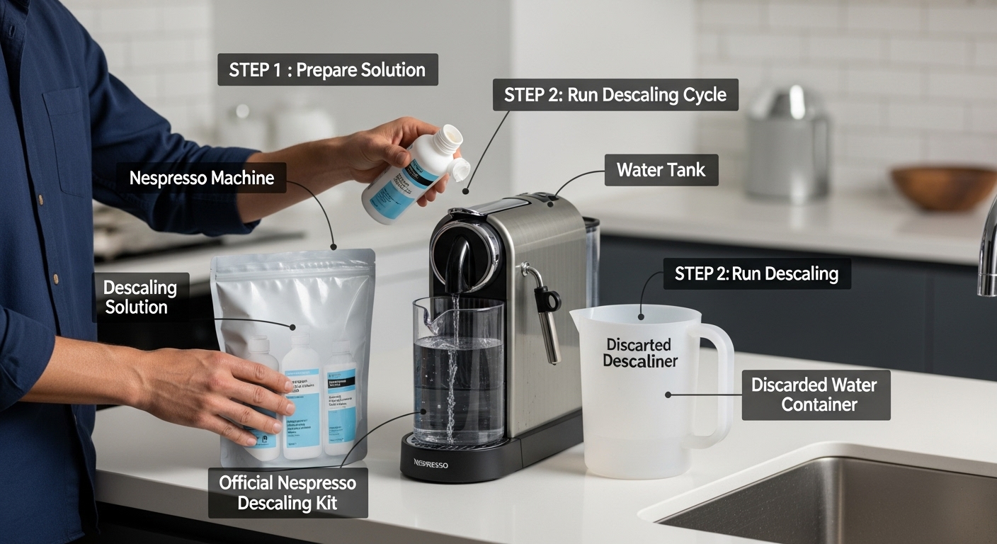 네스프레소 오리지널 머신에서 공식 디스케일링 키트를 사용하여 단계별로 디스케일링하는 과정 모습을 보여주는 이미지