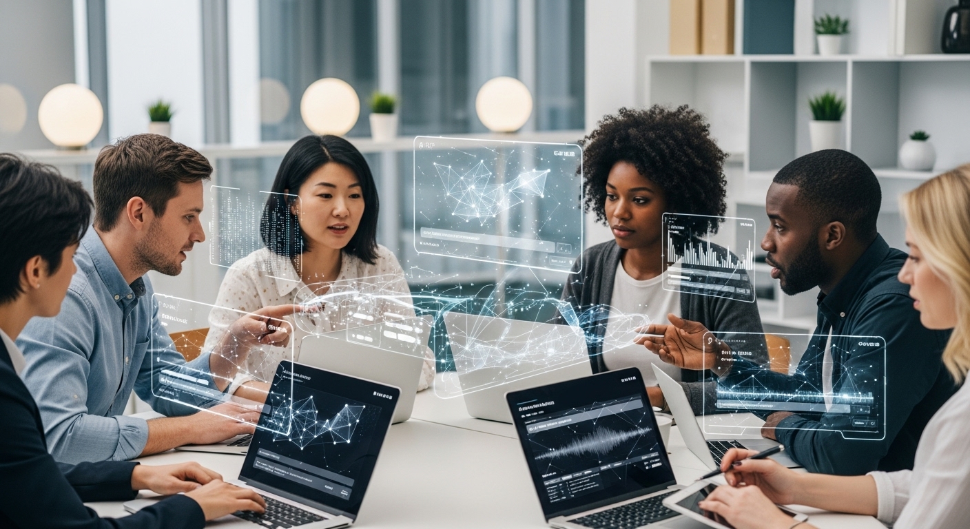 2026년 AI와 협업하는 다양한 인종의 블로거들이 함께 글쓰기를 하는 모습