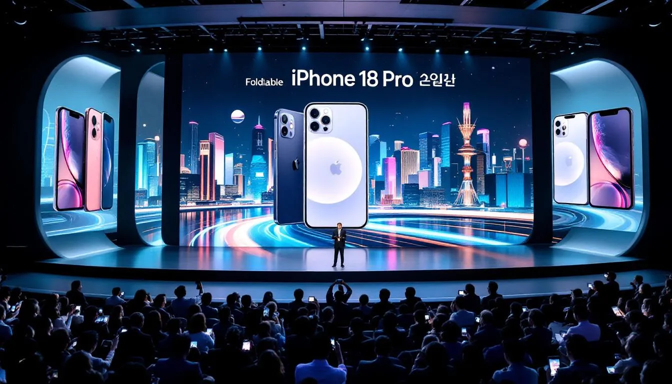아이폰 18 프로 및 폴더블 모델 출시를 알리는 한국 서울에서의 현대적인 신제품 발표 현장 이미지