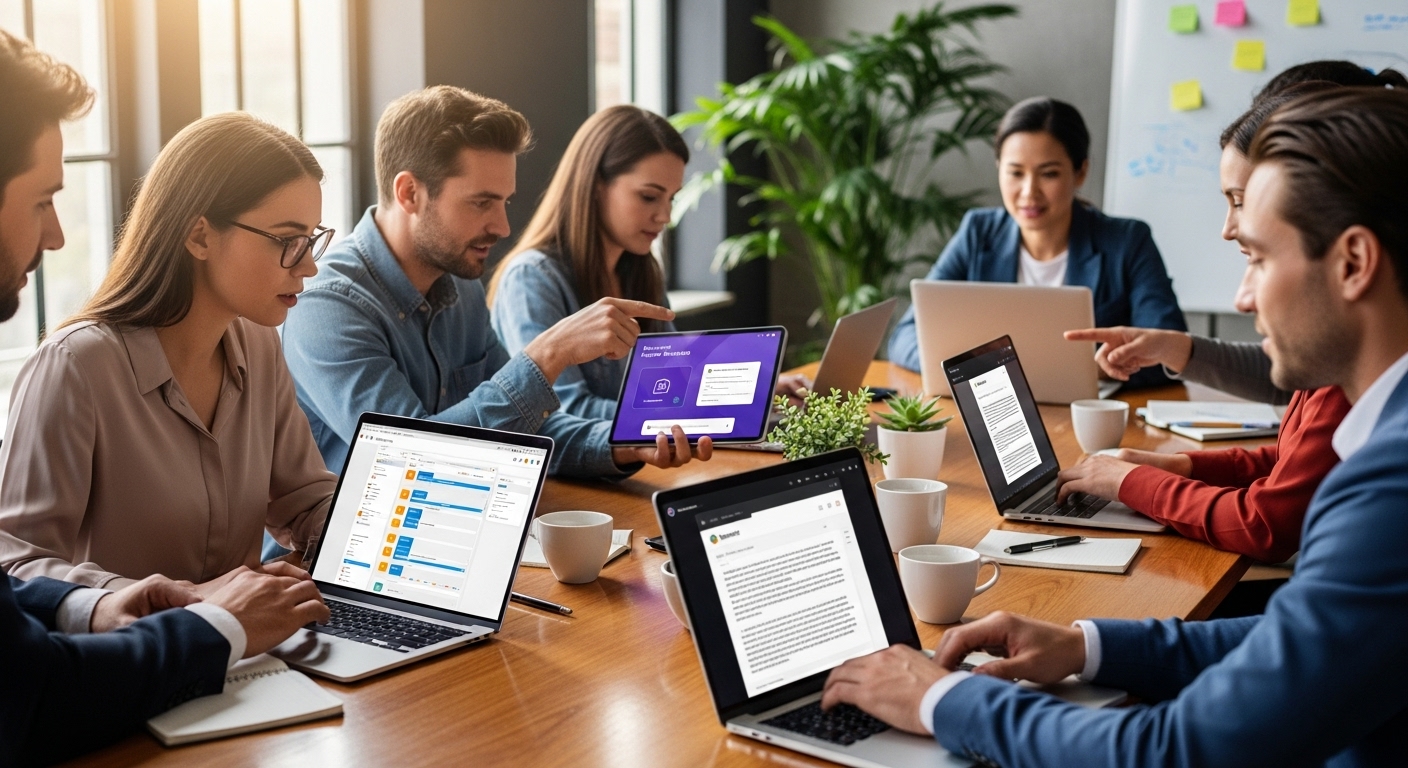 재피어, 마이크로소프트 파워 오토메이트, 노션 AI 같은 주요 AI 자동화 도구를 사용하는 직장인들의 모습