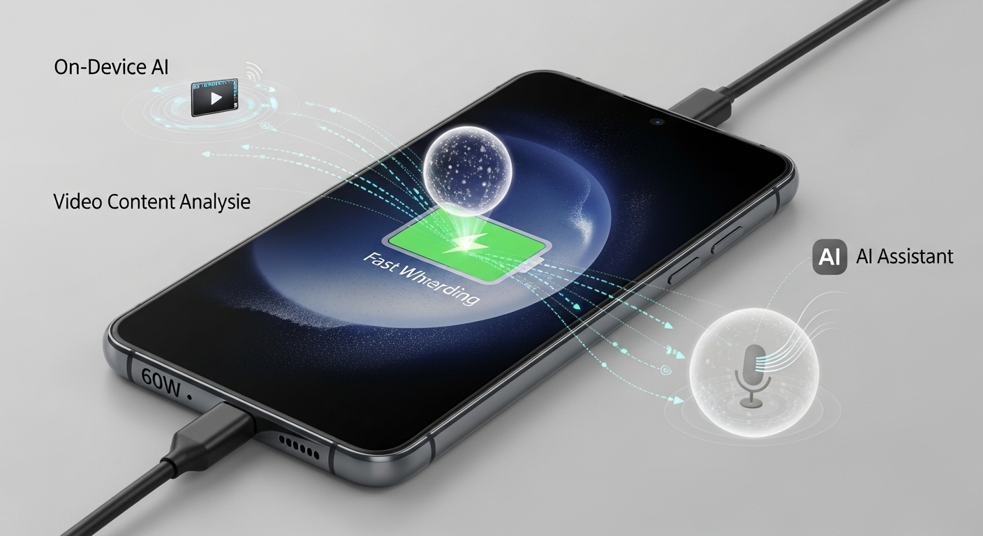 갤럭시 S26 울트라의 60W 초고속 유선 충전과 온디바이스 AI 기술을 강조한 이미지