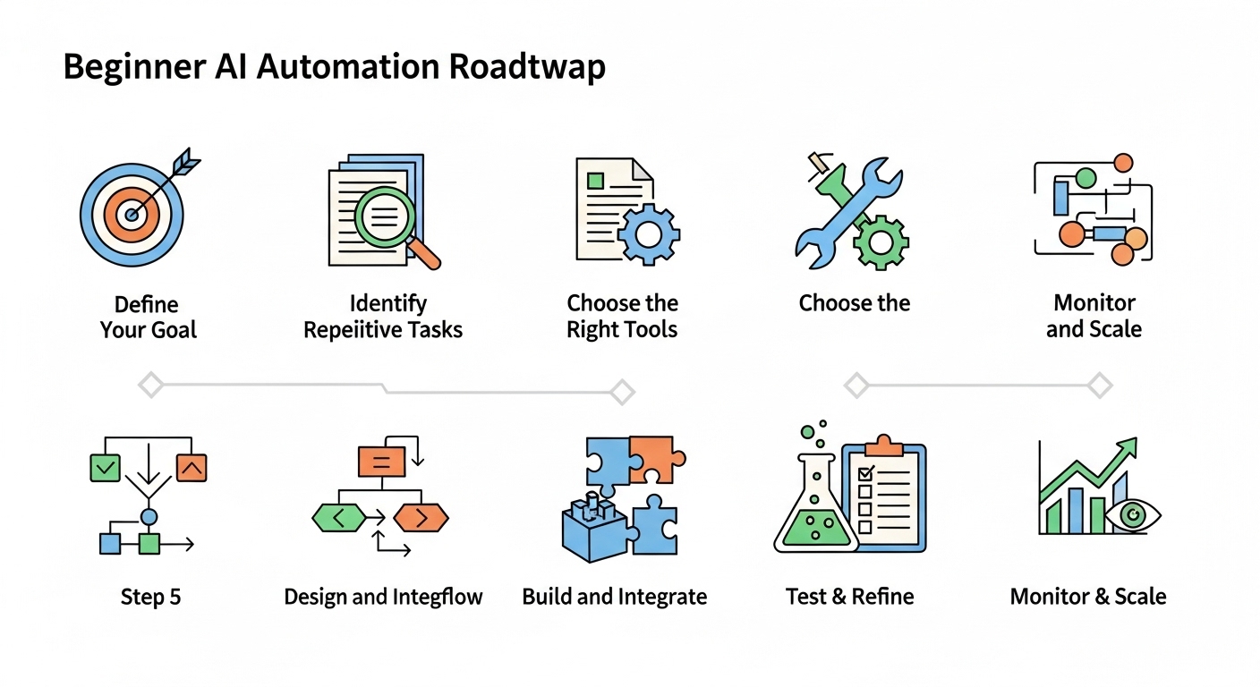 직장인 업무 자동화 7단계 실전 로드맵을 시각적으로 나타낸 워크플로우 차트