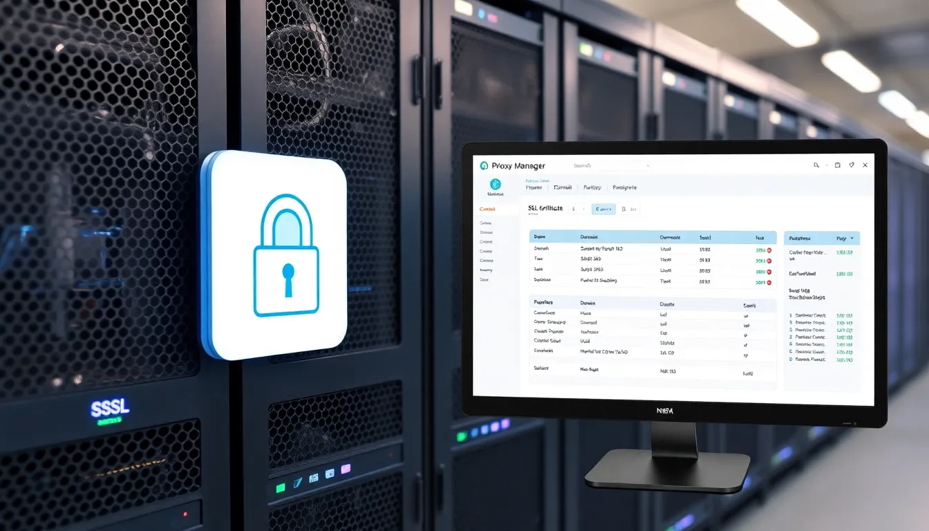 n8n의 안전한 HTTPS 접속을 위한 Nginx Proxy Manager SSL 인증서 관리 화면과 서버 랙