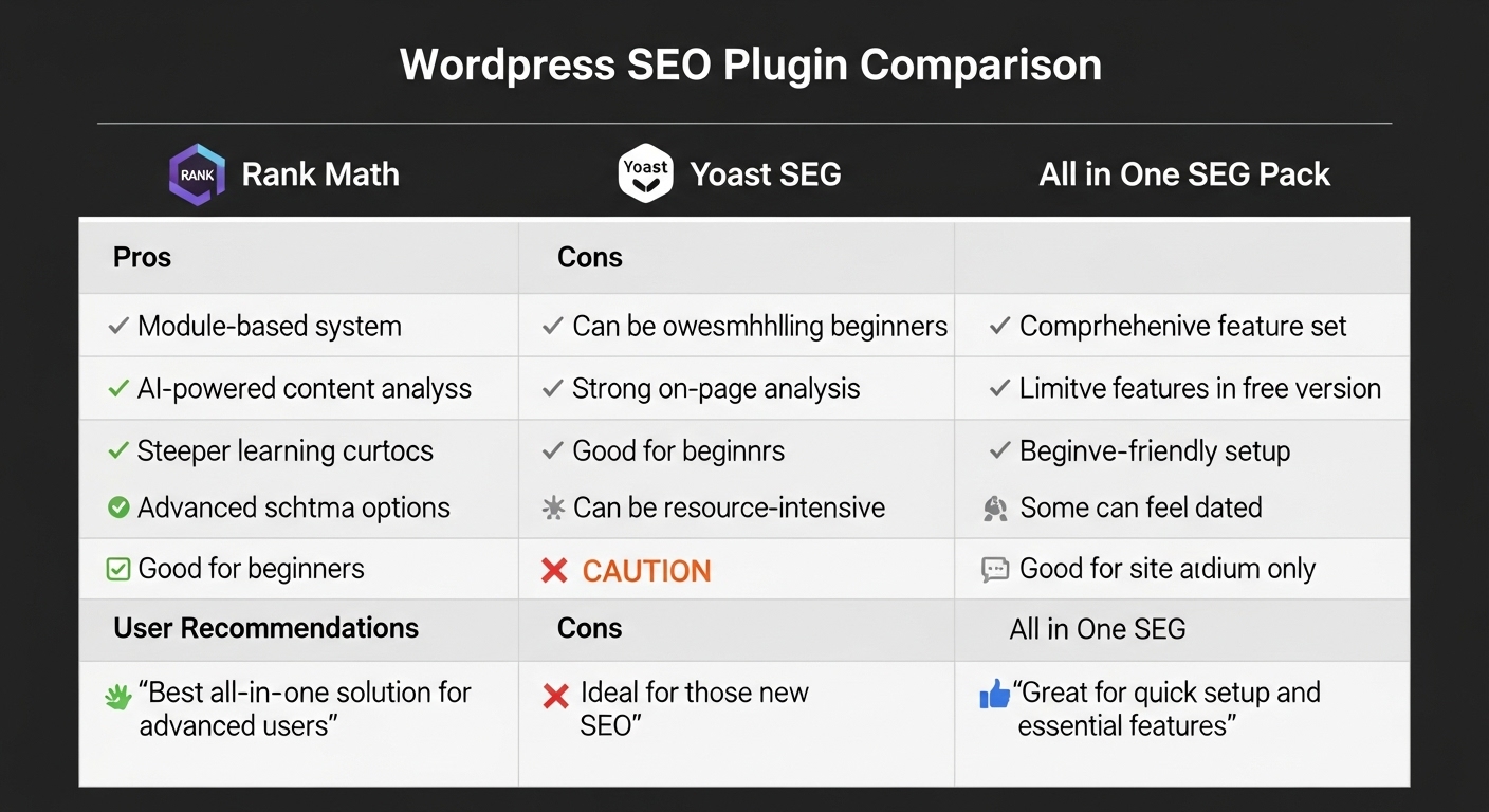 워드프레스 SEO 플러그인 3종 비교 표