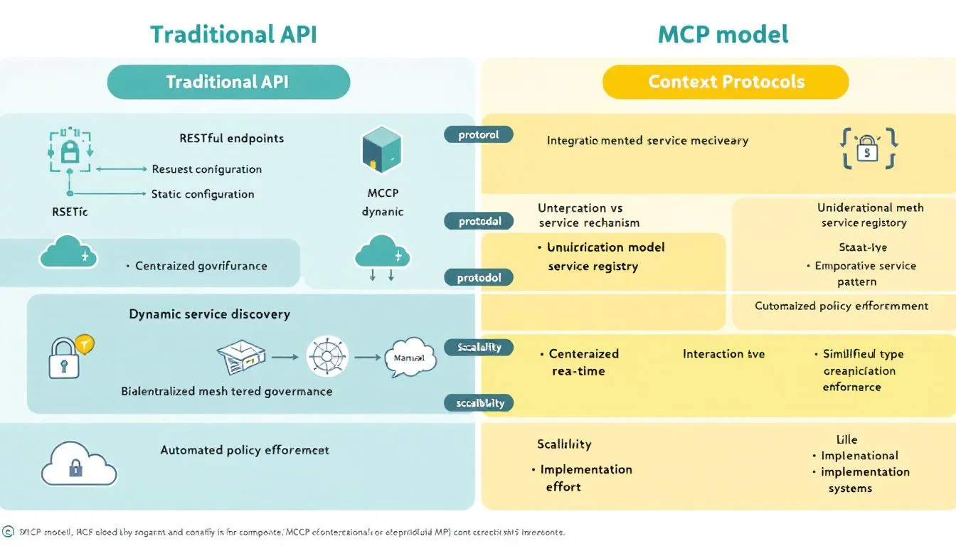 전통적인 API와 MCP의 주요 차이점을 한눈에 보여주는 인포그래픽 일러스트레이션