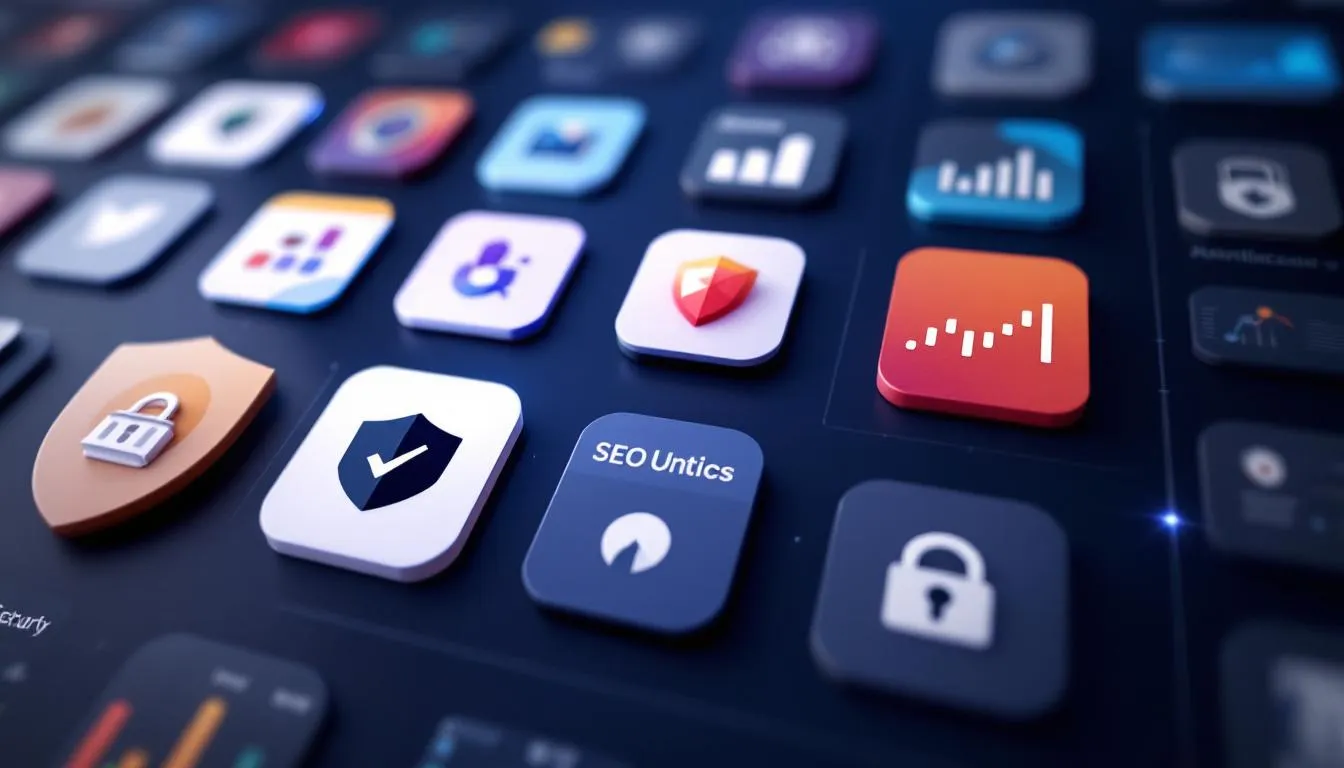 워드프레스 필수 플러그인 아이콘들이 디지털 대시보드에 정돈되어 있는 모습