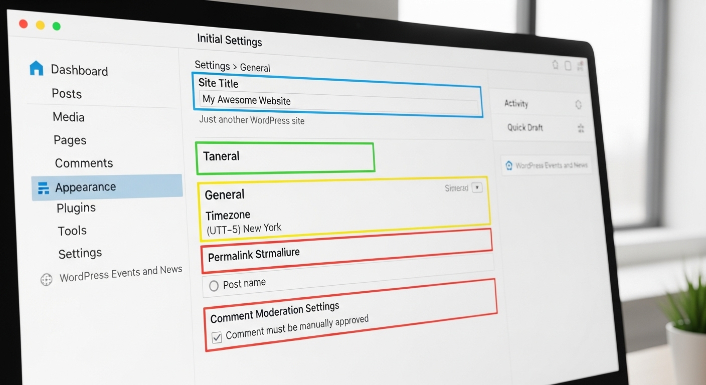 워드프레스 대시보드에서 처음 해야 할 필수 설정 5가지를 강조한 화면