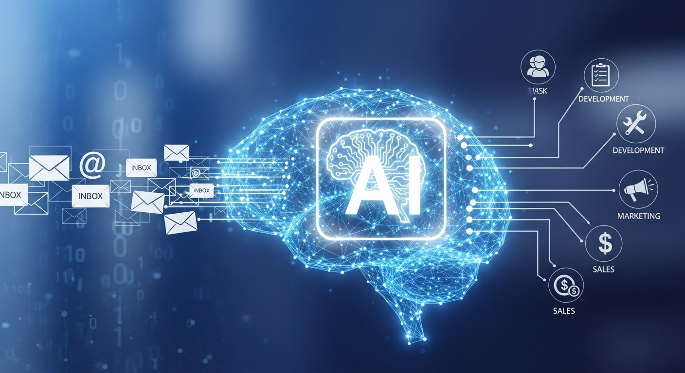 AI 에이전트가 이메일을 분석하고 업무를 자동으로 분배하는 개념적 시각화 이미지