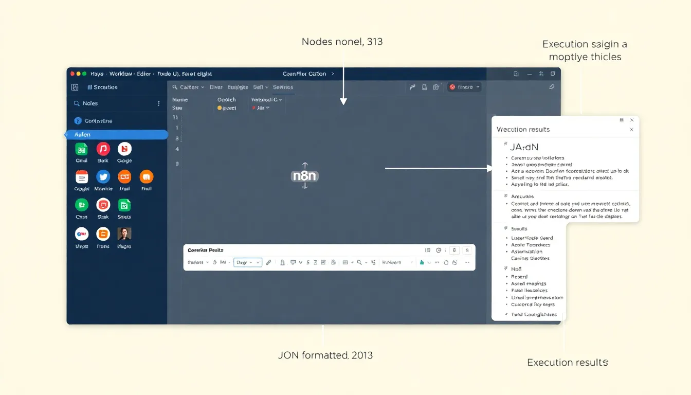 n8n 편집기 인터페이스의 워크플로우 캔버스, 노드 패널, 실행 결과 패널 세 가지 핵심 영역을 보여주는 화면