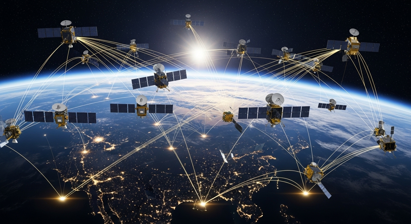 저궤도 위성들이 지구 주위를 돌며 위성 인터넷 연결을 상징하는 모습