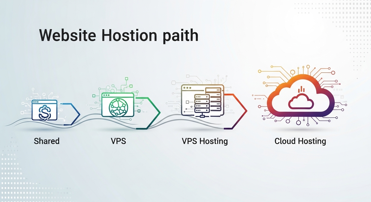 웹사이트 성장에 따라 공유 호스팅에서 VPS와 클라우드 호스팅으로 전환하는 과정을 시각화한 이미지